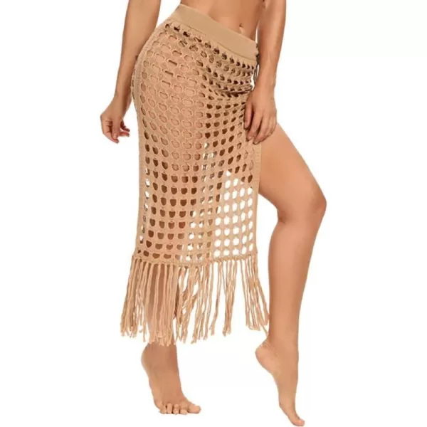 IDOPIP Crochet Cover up for Women Long Hollow Out Beach Sarongs Coverups Tassel Bikini Wrap Skirt Sheer Swimsuit Bathing SuitKhaki