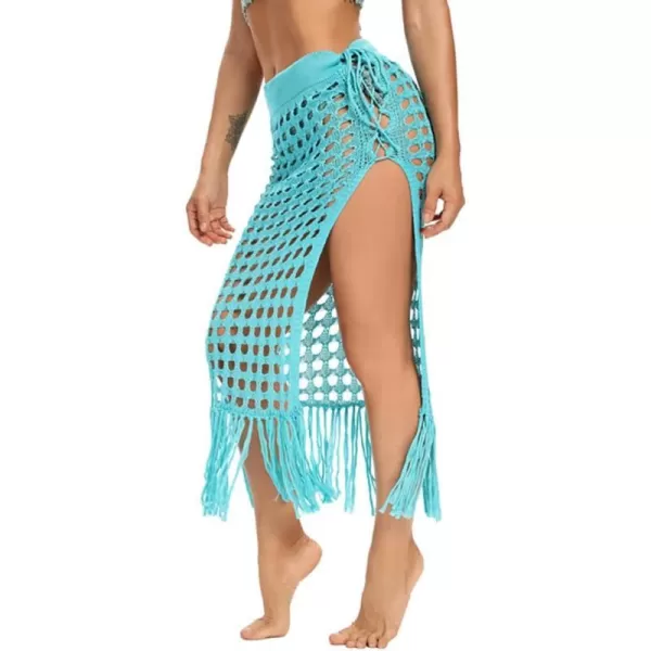 IDOPIP Crochet Cover up for Women Long Hollow Out Beach Sarongs Coverups Tassel Bikini Wrap Skirt Sheer Swimsuit Bathing SuitLake Blue