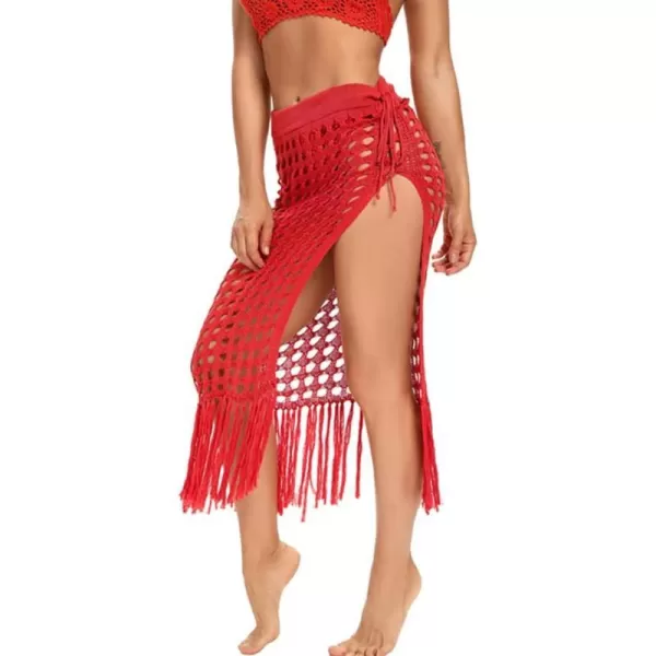 IDOPIP Crochet Cover up for Women Long Hollow Out Beach Sarongs Coverups Tassel Bikini Wrap Skirt Sheer Swimsuit Bathing SuitRed