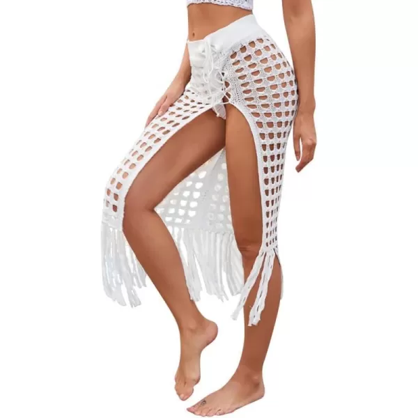 IDOPIP Crochet Cover up for Women Long Hollow Out Beach Sarongs Coverups Tassel Bikini Wrap Skirt Sheer Swimsuit Bathing SuitWhite