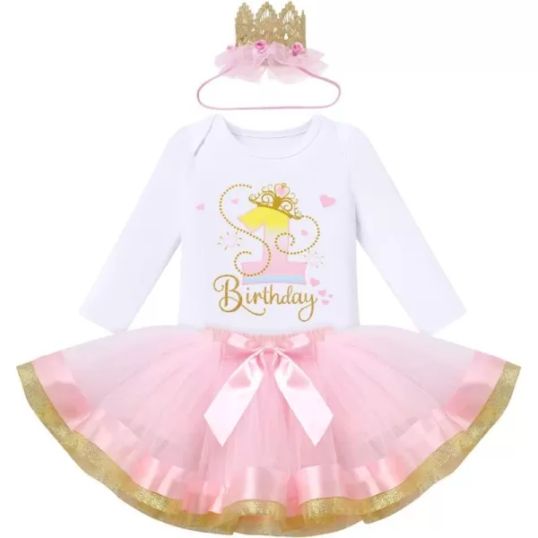 IDOPIP Crown 1st 2nd 3rd Birthday Outfit Baby Girl Shiny Crown Romper Tutu Skirt Headband Clothes for Cake Smash Photo ShootPink 1st  Long Sleeve