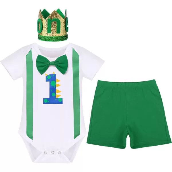 IDOPIP Dinosaur 1st Birthday Boy Outfit for Baby Dinoasur Cake Smash Photo Props Romper Suspenders Shorts Headband CostumeGreen Dinosaur  Boxer Shorts