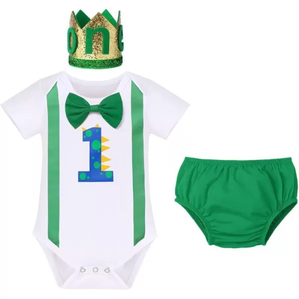 IDOPIP Dinosaur 1st Birthday Boy Outfit for Baby Dinoasur Cake Smash Photo Props Romper Suspenders Shorts Headband CostumeGreen Dinosaur  Triangle Shorts