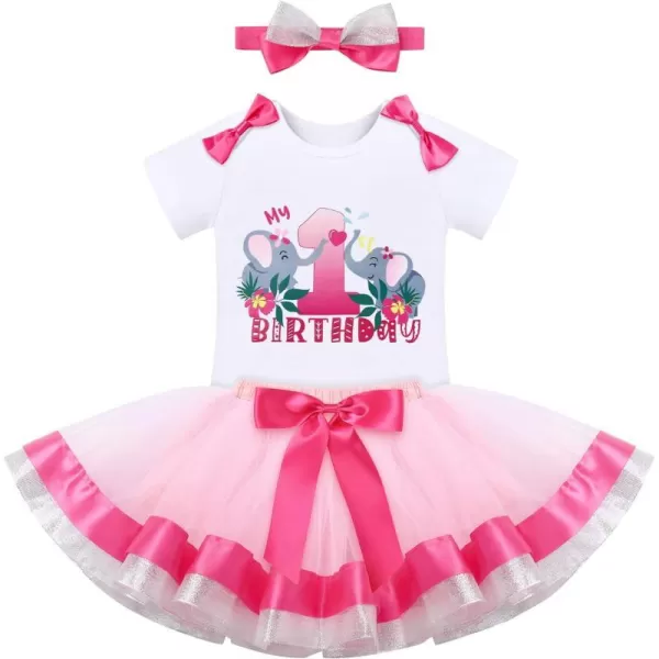 IDOPIP Elephant 1st Birthday Outfit Baby Girl Elephant Romper Tutu Skirt Headband 3PCS Clothes Set for Cake Smash Photo ShootHot Pink  Pink