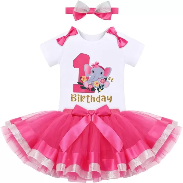 IDOPIP Elephant 1st Birthday Outfit Baby Girl Elephant Romper Tutu Skirt Headband 3PCS Clothes Set for Cake Smash Photo ShootHot Pink