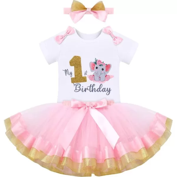 IDOPIP Elephant 1st Birthday Outfit Baby Girl Elephant Romper Tutu Skirt Headband 3PCS Clothes Set for Cake Smash Photo ShootPink