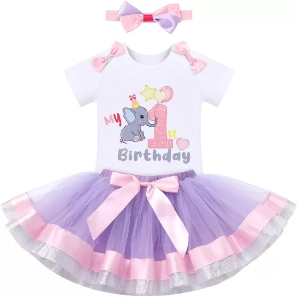 IDOPIP Elephant 1st Birthday Outfit Baby Girl Elephant Romper Tutu Skirt Headband 3PCS Clothes Set for Cake Smash Photo ShootPurple  Pink