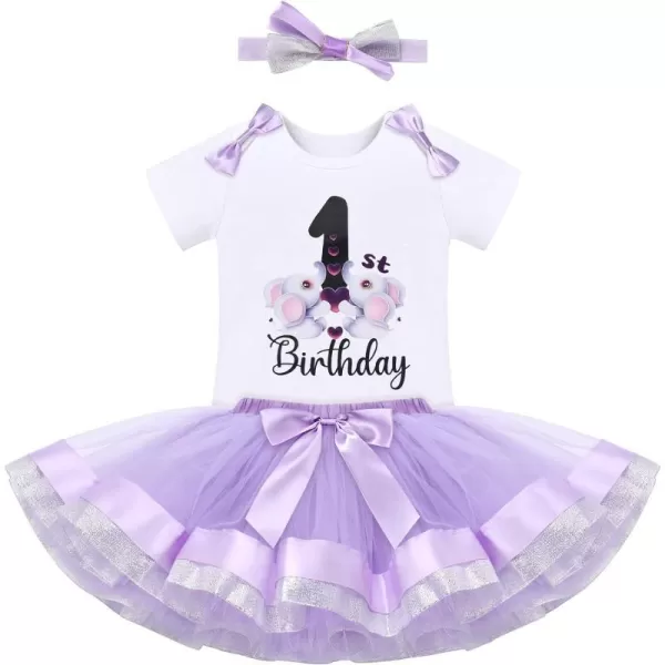 IDOPIP Elephant 1st Birthday Outfit Baby Girl Elephant Romper Tutu Skirt Headband 3PCS Clothes Set for Cake Smash Photo ShootPurple