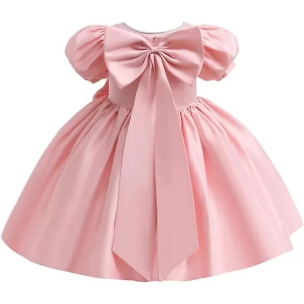 IDOPIP Flower Girl Bowknot Tutu Dress for Kids Baby Princess Wedding Bridesmaid Birthday Party Pageant Baptism Dresses 6M10TPink  Puff Sleeve