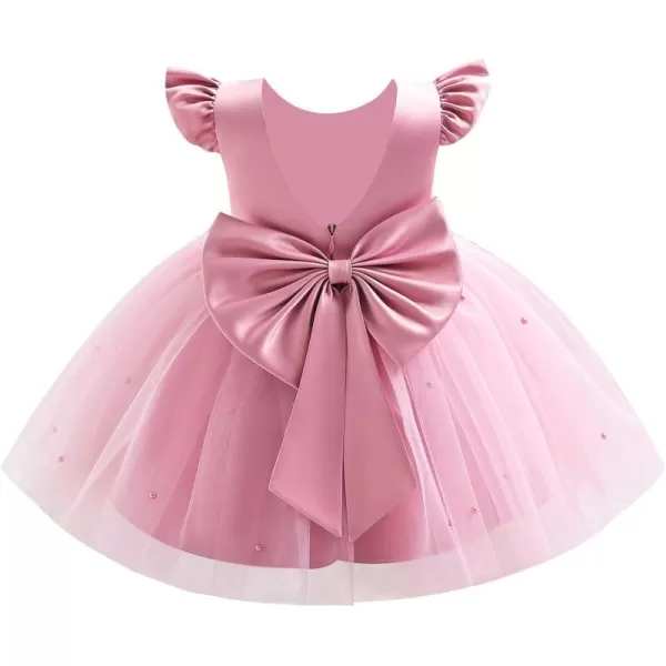 IDOPIP Flower Girl Bowknot Tutu Dress for Kids Baby Princess Wedding Bridesmaid Birthday Party Pageant Baptism Dresses 6M10TPink  Vback