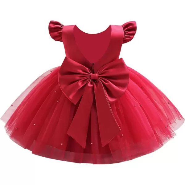 IDOPIP Flower Girl Bowknot Tutu Dress for Kids Baby Princess Wedding Bridesmaid Birthday Party Pageant Baptism Dresses 6M10TRed  Vback