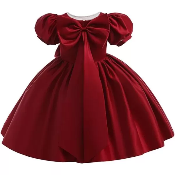 IDOPIP Flower Girl Bowknot Tutu Dress for Kids Baby Princess Wedding Bridesmaid Birthday Party Pageant Baptism Dresses 6M10TWine Red  Puff Sleeve