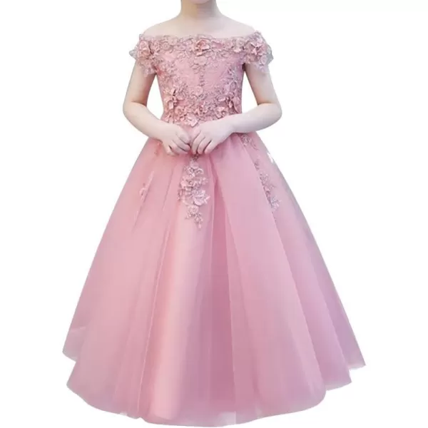 IDOPIP Flower Girl Lace Beaded Off Shoulder Princess Pageant Tulle Gown Formal Bridesmaid Wedding Party Dresses for Kids BabyDusty Pink  Off Shoulder