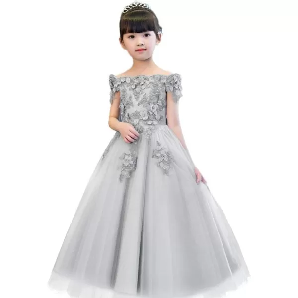 IDOPIP Flower Girl Lace Beaded Off Shoulder Princess Pageant Tulle Gown Formal Bridesmaid Wedding Party Dresses for Kids BabyGray