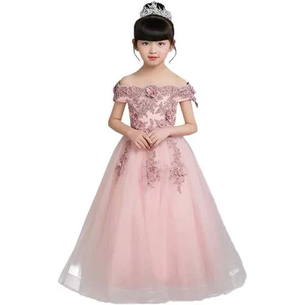 IDOPIP Flower Girl Lace Beaded Off Shoulder Princess Pageant Tulle Gown Formal Bridesmaid Wedding Party Dresses for Kids BabyPink