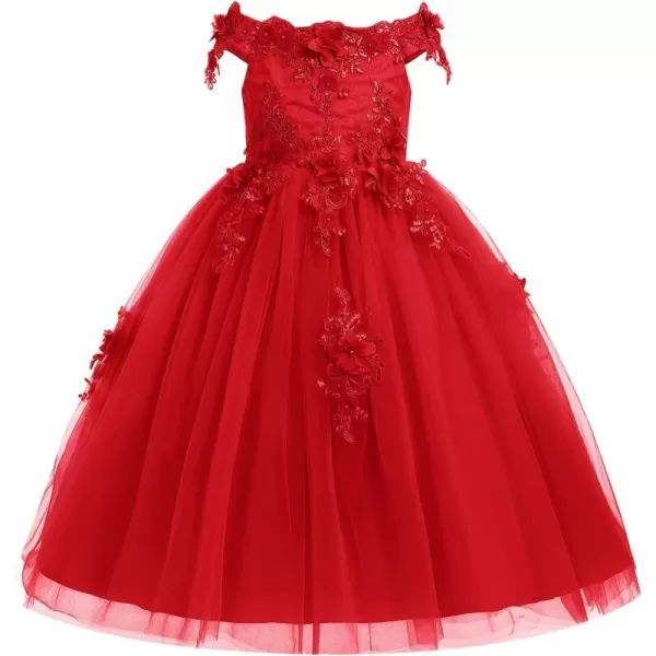 IDOPIP Flower Girl Lace Beaded Off Shoulder Princess Pageant Tulle Gown Formal Bridesmaid Wedding Party Dresses for Kids BabyRed