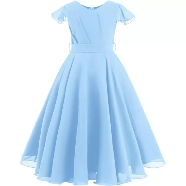 IDOPIP Flower Girl Ruffle Chiffon Dress for Kid Wedding Junior Bridesmaid Communion Party Pageant Long Maxi Dresses with BeltBlue