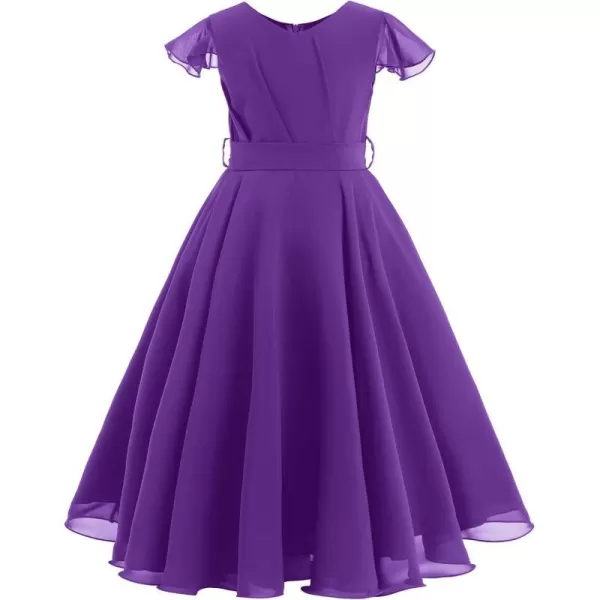 IDOPIP Flower Girl Ruffle Chiffon Dress for Kid Wedding Junior Bridesmaid Communion Party Pageant Long Maxi Dresses with BeltDark Purple