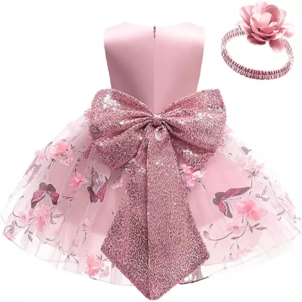 IDOPIP Flower Girl Sequins Bowknot VBack Tutu Dress for Kids Baby Princess Pageant Wedding Birthday Party Gown with HeadbandPink  Butterfly