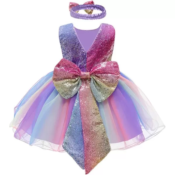 IDOPIP Flower Girl Sequins Bowknot VBack Tutu Dress for Kids Baby Princess Pageant Wedding Birthday Party Gown with HeadbandPurple  Rainbow