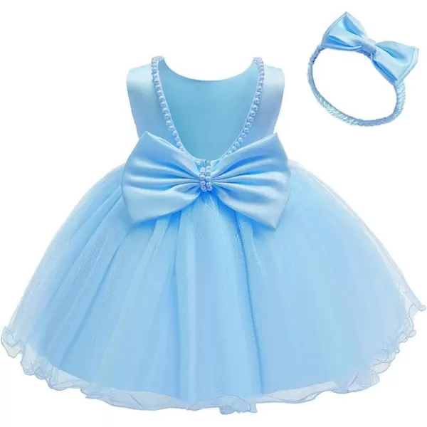 IDOPIP Flower Girls Beaded Bowknot VBack Tutu Dress for Kids Baby Communion Birthday Party Formal Wedding Dresses  HeadwearBlue