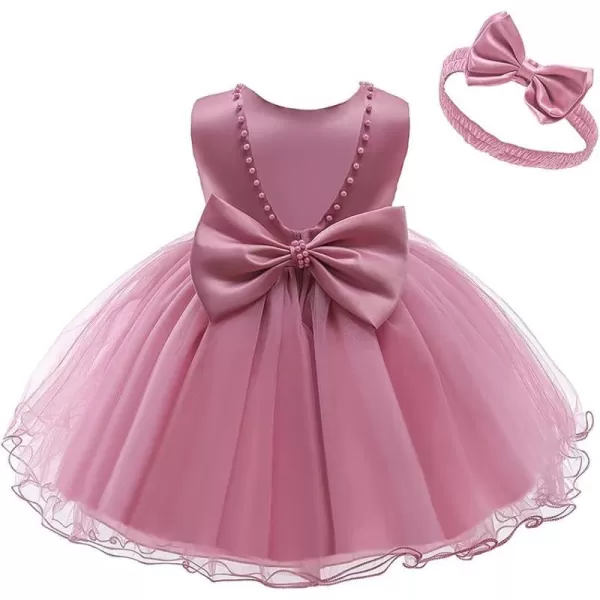 IDOPIP Flower Girls Beaded Bowknot VBack Tutu Dress for Kids Baby Communion Birthday Party Formal Wedding Dresses  HeadwearDusty Pink