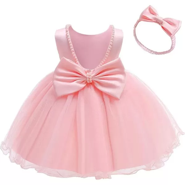 IDOPIP Flower Girls Beaded Bowknot VBack Tutu Dress for Kids Baby Communion Birthday Party Formal Wedding Dresses  HeadwearPink