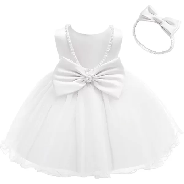 IDOPIP Flower Girls Beaded Bowknot VBack Tutu Dress for Kids Baby Communion Birthday Party Formal Wedding Dresses  HeadwearWhite