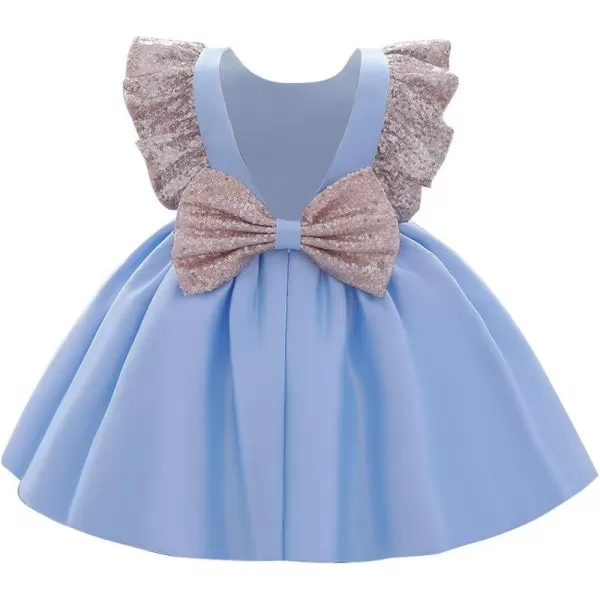 IDOPIP Flower Girls Sequins Bowknot Tutu Dress for Kids Baby Wedding Christening Birthday Party Ruffle Backless Dresses GownBlue