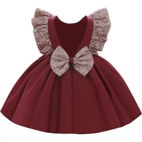 IDOPIP Flower Girls Sequins Bowknot Tutu Dress for Kids Baby Wedding Christening Birthday Party Ruffle Backless Dresses GownWine Red