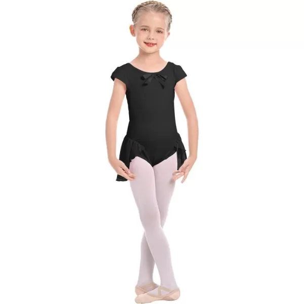 IDOPIP Girls Short Cap Sleeve Ballet Dance Dress Bowknot Chiffon Tutu Skirted Leotard Ballerina Dancewear Gymnastics CostumeBlack