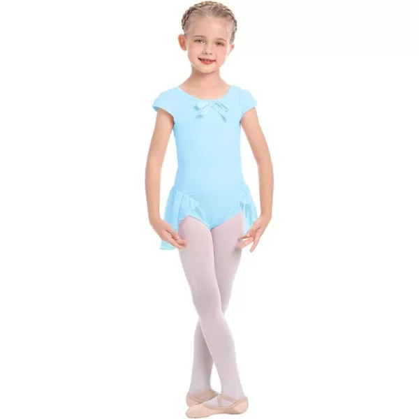 IDOPIP Girls Short Cap Sleeve Ballet Dance Dress Bowknot Chiffon Tutu Skirted Leotard Ballerina Dancewear Gymnastics CostumeBlue