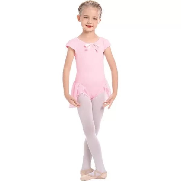 IDOPIP Girls Short Cap Sleeve Ballet Dance Dress Bowknot Chiffon Tutu Skirted Leotard Ballerina Dancewear Gymnastics CostumePink