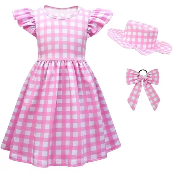 IDOPIP Halloween Costume for Kids Girls Pink Plaid Dress with Headband Hat Toddler Princess Birthday Party Dress up OutfitPink  Cap Sleeves