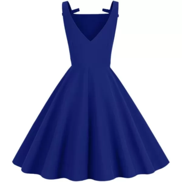 IDOPIP Halter Sleeveless Dress for Women Vintage 1950s Cocktail Party Swing Dress Summer Bowknot VBack Retro Rockabilly GownRoyal Blue