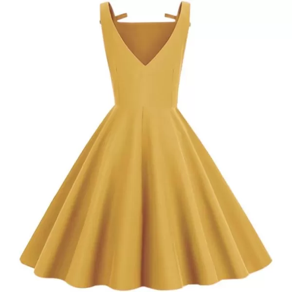 IDOPIP Halter Sleeveless Dress for Women Vintage 1950s Cocktail Party Swing Dress Summer Bowknot VBack Retro Rockabilly GownYellow