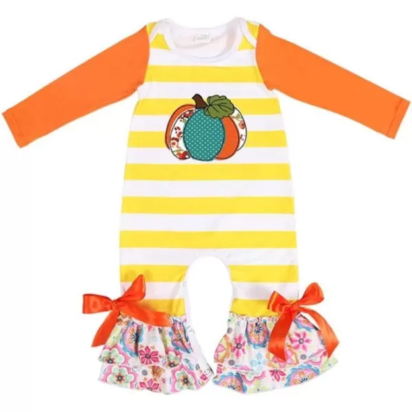 IDOPIP Icing Ruffle Jumpsuit Pants for Toddler Baby Girls Halloween Pumpkin Romper Long Sleeve Playwear Birthday Outfit 024MYellow Pumpkin Striped