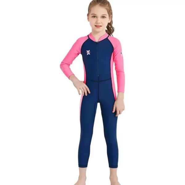 IDOPIP Kids Boys Girls Color Block One Piece Swimsuit Swimwear Long Sleeve Rash Guard Sunsuit Wetsuit Beachwear Bathing SuitNavy Blue  Girl