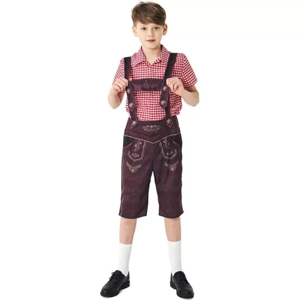 IDOPIP Kids Boys Oktoberfest Costume German Bavarian Lederhosen Shorts with Plaid Shirt Socks Toddler Halloween Cosplay 212YRed