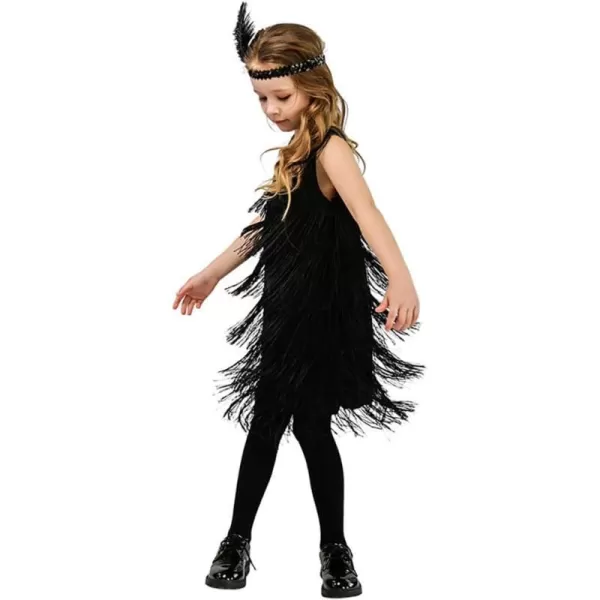 IDOPIP Kids Girls 1920s Flapper Dress Vintage Sequins Fringe Gatsby Halloween Party Dress up with Feather Headband CostumesBlack