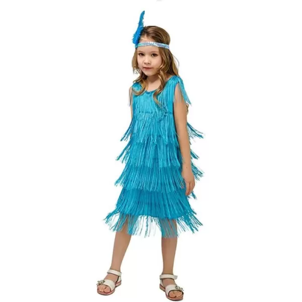 IDOPIP Kids Girls 1920s Flapper Dress Vintage Sequins Fringe Gatsby Halloween Party Dress up with Feather Headband CostumesBlue