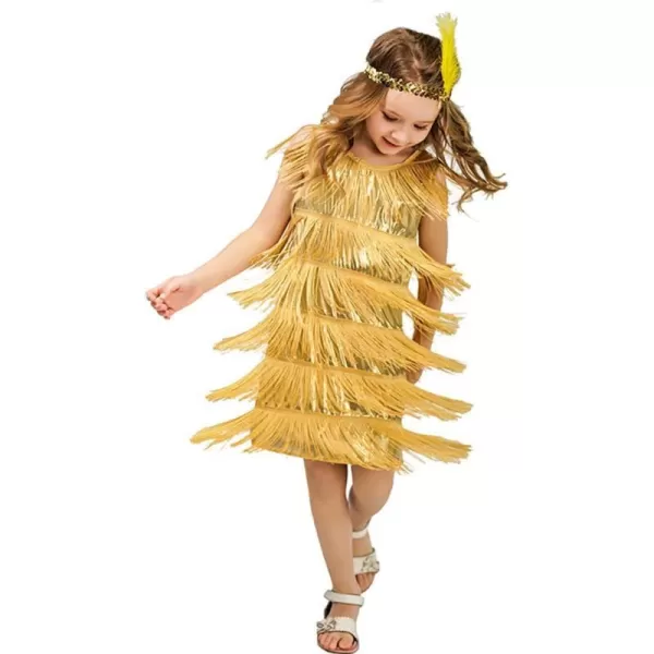 IDOPIP Kids Girls 1920s Flapper Dress Vintage Sequins Fringe Gatsby Halloween Party Dress up with Feather Headband CostumesGold