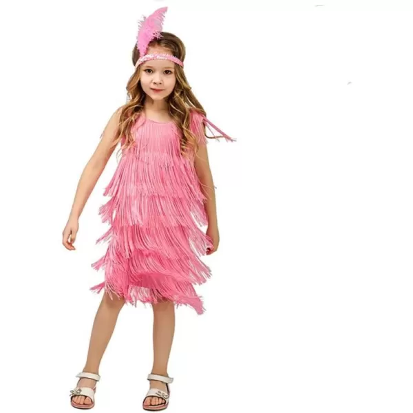 IDOPIP Kids Girls 1920s Flapper Dress Vintage Sequins Fringe Gatsby Halloween Party Dress up with Feather Headband CostumesPink