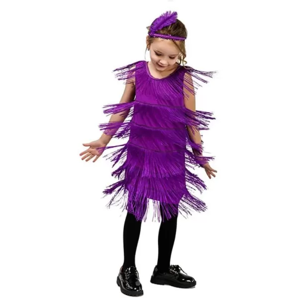 IDOPIP Kids Girls 1920s Flapper Dress Vintage Sequins Fringe Gatsby Halloween Party Dress up with Feather Headband CostumesPurple