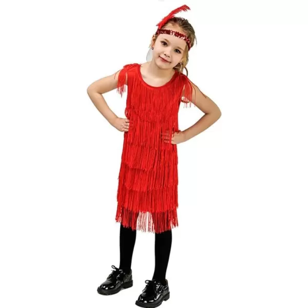 IDOPIP Kids Girls 1920s Flapper Dress Vintage Sequins Fringe Gatsby Halloween Party Dress up with Feather Headband CostumesRed