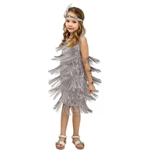 IDOPIP Kids Girls 1920s Flapper Dress Vintage Sequins Fringe Gatsby Halloween Party Dress up with Feather Headband CostumesSilver