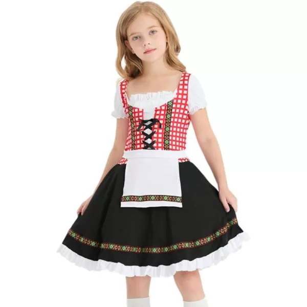 IDOPIP Kids Girls Oktoberfest Costume German Dirndl Dresses Plaid Maid Dress Outfit for Bavarian Carnival Halloween FestivalBlack  Red Plaid 1pc Dress Only