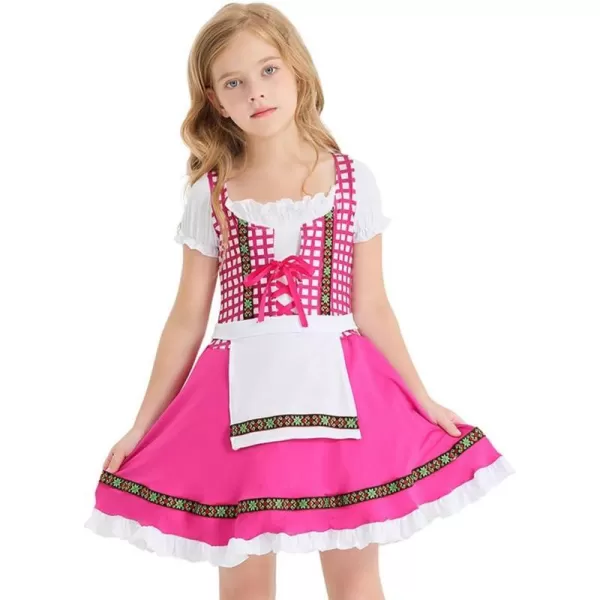 IDOPIP Kids Girls Oktoberfest Costume German Dirndl Dresses Plaid Maid Dress Outfit for Bavarian Carnival Halloween FestivalHot Pink Plaid 1pc Dress Only