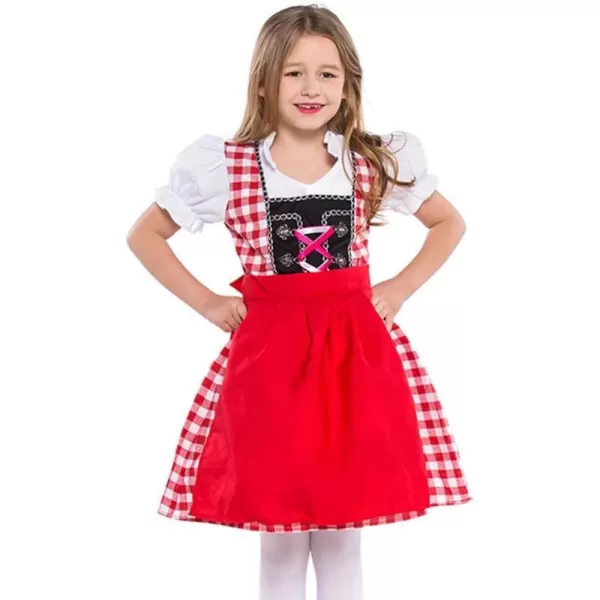 IDOPIP Kids Girls Oktoberfest Costume German Dirndl Dresses Plaid Maid Dress Outfit for Bavarian Carnival Halloween FestivalRed Plaid Dressapron