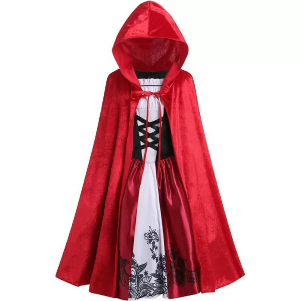 IDOPIP Little Red Riding Hood Costume for Girls Kids Halloween Birthday Party Dress up with Hooded Cloak Cape 2PCS Outfit SetRed